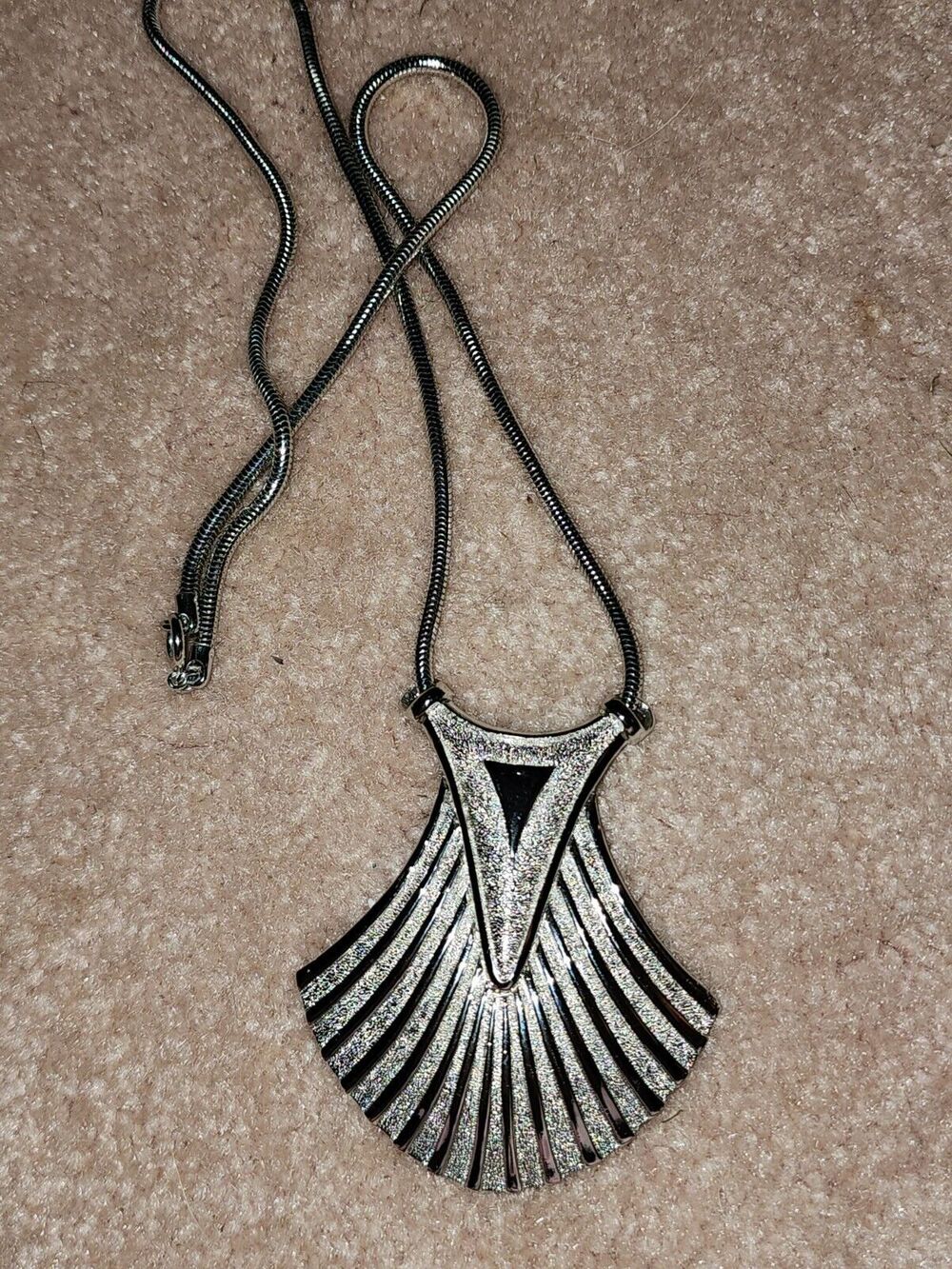 1970s TRIFARI Signed Egyptian Revival Silver Metal Necklace Snake Chain Art Deco